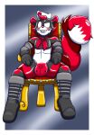  absurd_res anthro boots buckteeth bulge chair clothing footwear furniture gloves handwear hi_res latex male mammal mhicky93 navy navy_hat rodent rubber rubber_clothing rubber_suit scarf sciurid sitting smug solo teeth throne white_eyes 