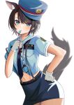  1girl absurdres animal_ear_fluff animal_ears bangs blue_eyes blush c1p122 cowboy_shot crop_top cuffs gloves hand_on_hip handcuffs hat highres holding holding_handcuffs hololive midriff mouth_hold navel oozora_subaru police police_uniform policewoman short_hair short_sleeves skirt solo stomach swept_bangs tail thighs uniform virtual_youtuber whistle whistle_around_neck white_background white_gloves 