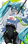  1girl aqua_hair blue_eyes closed_mouth flag gloves hatsune_miku highres holding holding_flag jacket long_hair racing_miku racing_miku_(2022) shunsuke_aioka twintails very_long_hair vocaloid 