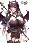  1girl ass bangs black_choker blue_eyes blush braid breasts brown_hair choker cleavage collarbone commentary_request covered_navel curvy demon_wings garter_straps grin hand_on_own_face headdress highres holding holding_staff holding_weapon huge_breasts kannko_bokujou long_hair looking_at_viewer multicolored_hair original pelvic_curtain pink_hair simple_background smile solo staff streaked_hair teeth thighs two-tone_hair weapon white_background wings 