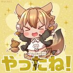  1girl animal_costume animal_ear_fluff animal_ears belt black_jacket blonde_hair closed_eyes coroha coyopotato coyote_(kemono_friends) extra_ears gloves jacket kemono_friends kemono_friends_v_project kneehighs microphone multicolored_hair open_mouth shirt short_hair simple_background skirt smile socks tail virtual_youtuber white_shirt wolf_ears wolf_tail yellow_gloves 
