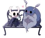  &lt;3 antennae_(anatomy) anthro arthropod beetle bench biped black_body blue_body blush bretta_(hollow_knight) cloak clothing duo exoskeleton eye_contact featureless_feet featureless_hands fecharis female flower grey_body hands_together hi_res hk_bb hollow_knight horn insect looking_at_another love male mandibles nail_(weapon) offering_flower overweight overweight_anthro overweight_female plant protagonist_(hollow_knight) simple_background sitting team_cherry vessel_(species) video_games weapon white_background white_body 