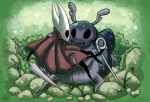  2020 antennae_(anatomy) anthro arthropod baldric beetle biped black_body blue_body blue_jewelry blush bretta_(hollow_knight) butterfly carrying_another cloak clothing detailed_background duo exoskeleton eye_contact featureless_feet featureless_hands fecharis female glistening glistening_body grass grey_body holding_another hollow_knight hornet_(hollow_knight) insect jewelry lepidopteran looking_at_another mandibles moss nail_(weapon) necklace overweight overweight_anthro overweight_female plant red_clothing rock signature team_cherry thecynicalhound video_games weapon white_body 