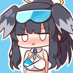  1girl :i animal_ears bangs bare_shoulders black_hair blue_archive blue_background blunt_bangs blush breasts character_name cheerleader cleavage closed_mouth goggles goggles_on_head halo hana_kazari hibiki_(blue_archive) hibiki_(cheerleader)_(blue_archive) highres looking_at_viewer medium_breasts nose_blush outline ponytail pout sidelocks simple_background solo upper_body v-shaped_eyebrows white_outline 