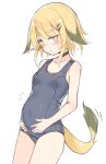  1girl animal_ears bangs blonde_hair blunt_bangs blush breasts choker dutch_angle old_school_swimsuit original otokuyou pregnant school_swimsuit short_hair small_breasts solo swimsuit tail white_background yellow_eyes 