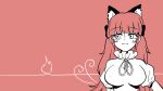  1girl alternate_hairstyle animal_ear_fluff animal_ears bangs blunt_bangs breasts cat_ears extra_ears hair_down highres kaenbyou_rin large_breasts long_hair looking_to_the_side monochrome puffy_sleeves red_background red_hair scavia10 smile solo touhou upper_body very_long_hair 