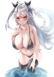  1girl alexi_oekaki azur_lane bikini blush breasts cleavage collarbone grey_bikini grey_hair grey_thighhighs hair_tie highres large_breasts leaning_forward long_hair looking_at_viewer multicolored_hair navel parted_lips prinz_eugen_(azur_lane) solo streaked_hair swimsuit thighhighs twintails very_long_hair wading white_background yellow_eyes 