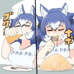  1girl animal_costume animal_ear_fluff animal_ears blue_hair closed_eyes cup dire_wolf_(kemono_friends) drinking drinking_glass eating extra_ears food fork highres kemono_friends kemono_friends_v_project long_hair mcgunngu pasta plate ribbon shirt simple_background solo t-shirt virtual_youtuber wolf_ears wolf_girl 