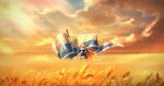  1girl absurdres alicia_leonora arknights blonde_hair blue_eyes dragon_girl dragon_horns dragon_tail field flag highres horns long_hair original saileach_(arknights) self_upload standing sunlight sunset tail very_long_hair 