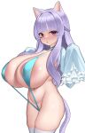  1girl absurdres animal_ears areola_slip bangs blue_one-piece_swimsuit blunt_bangs braid breasts cat_ears cat_girl cat_tail cleavage frilled_sleeves frills highres huge_breasts kaedeno_yuu large_areolae light_purple_hair long_hair looking_at_viewer navel original purple_eyes simple_background slingshot_swimsuit solo standing sweatdrop swimsuit tail thighhighs white_background white_thighhighs 