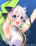  1girl armband armpits arms_up bangs blue_background blush dress eyelashes hair_between_eyes highres open_mouth outstretched_arms purple_eyes sidelocks sleeveless smile stained_clothes steam steaming_body sweat sweaty_clothes twitter_username upper_body virtual_youtuber white_hair yoshiwa_tomo yuni_(yuni_channel) yuni_channel 