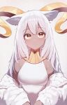  1girl absurdres animal_ears arknights bare_shoulders beeswax_(arknights) beeswax_(weisser_sand)_(arknights) beudelb breasts brown_eyes cardigan commentary curled_horns goat_ears goat_girl goat_horns grey_background highres horns light_blush long_hair looking_at_viewer medium_breasts off_shoulder official_alternate_costume open_cardigan open_clothes simple_background upper_body white_cardigan white_hair yellow_eyes 