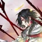  1boy armor black_hair blood blood_on_face blurry cloak closed_mouth commentary constantine_xi_(fate) depth_of_field earrings fate/grand_order fate_(series) from_side grey_eyes hair_between_eyes halo heki0529 jewelry light_particles long_hair looking_ahead male_focus polearm profile serious solo tassel upper_body weapon white_armor white_cloak 