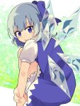  1girl blue_bow blue_dress blue_eyes blue_hair blush bow cirno dress fairy hair_between_eyes hair_bow highres ice ice_wings open_mouth puffy_short_sleeves puffy_sleeves shirt short_hair short_sleeves solo touhou white_shirt wings yamase 