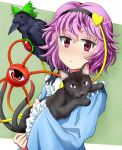  1girl animal animal_ears animal_on_shoulder bird black_cat bow cat cat_ears crow expressionless frilled_sleeves frills green_bow hair_ornament hairband heart heart_hair_ornament heart_of_string holding holding_animal holding_cat kaenbyou_rin kaenbyou_rin_(cat) kisaragi_koushi komeiji_satori looking_at_viewer multiple_tails nekomata pink_eyes pink_hair red_eyes reiuji_utsuho reiuji_utsuho_(bird) solo tail third_eye touhou two_tails wide_sleeves 