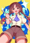  1girl absurdres blush braid brown_eyes brown_hair brown_shorts collared_shirt e_sdss highres holding holding_wrench long_hair open_mouth rika_(touhou) shirt shorts smile solo teeth touhou twin_braids upper_teeth white_shirt wrench 