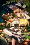  1girl adapted_costume basket black_footwear black_headwear blonde_hair blush boots bow dress fujiwara_aoi grin hair_between_eyes hat hat_bow high_heel_boots high_heels holding holding_lantern kirisame_marisa lantern long_hair mushroom smile solo touhou white_bow witch_hat wrist_cuffs yellow_eyes 