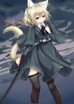  1girl absurdres animal_ear_fluff animal_ears bangs belt belt_buckle black_thighhighs blonde_hair buckle capelet cat_ears cat_girl cat_tail cloud cloudy_sky collared_shirt grey_capelet grey_jacket grey_skirt gun hair_between_eyes highres hinata_(user_rjkt4745) holding holding_gun holding_weapon jacket long_sleeves looking_at_viewer original outdoors ponytail red_eyes revolver rifle shirt skirt sky solo tail thighhighs weapon white_belt white_shirt 