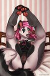  anthro breasts canid canine canis cute_eyes female genitals hair hi_res legs_in_air legs_up long_hair mammal nipples open_mouth pink_hair pink_nose pink_pussy pussy smile solo spread_legs spreading volodyanocturne wolf 
