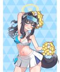  1girl absurdres animal_ears argyle argyle_background arm_up armpits bangs bare_shoulders black_hair blue_archive blue_background blue_eyes blush breasts cheerleader cleavage cowboy_shot crop_top dog_ears dog_girl dog_tail dorymin embarrassed eyewear_on_head goggles goggles_on_head halo hibiki_(blue_archive) hibiki_(cheerleader)_(blue_archive) highres holding holding_pom_poms long_hair looking_at_viewer medium_breasts midriff miniskirt multicolored_hair navel open_mouth pleated_skirt pom_pom_(cheerleading) skirt sleeveless solo sticker_on_face sweat tail white_skirt 