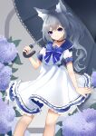  1girl absurdres animal_ear_fluff animal_ears bangs black_choker black_umbrella blue_bow blue_sailor_collar bow choker dress flower fox_ears fox_girl fox_tail frilled_dress frills grey_hair hair_between_eyes highres hinata_(user_rjkt4745) holding holding_umbrella hydrangea long_hair original ponytail puffy_short_sleeves puffy_sleeves purple_eyes purple_flower sailor_collar sailor_dress short_sleeves solo tail umbrella very_long_hair white_dress 