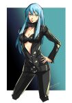  1girl belt blue_eyes blue_hair bodysuit breasts center_opening cleavage closed_mouth collar collarbone devil_summoner gin&#039;oya long_hair looking_at_viewer nemissa smile solo soul_hackers zipper 