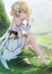  1girl bare_legs bare_shoulders barefoot blonde_hair blush cheek_rest closed_mouth day dress elbow_rest flower genshin_impact hair_flower hair_ornament highres lim_(ramu) looking_at_viewer lumine_(genshin_impact) outdoors short_hair_with_long_locks sitting smile solo toes white_dress white_flower yellow_eyes 