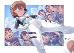  1girl 6+boys ayanami_rei ayanami_rei_(cosplay) blue_eyes blue_sky bodysuit breasts brown_hair cloud cosplay feet_out_of_frame female_child from_below haibara_ai hands_on_hips highres interface_headset looking_down meitantei_conan mogudan mole multiple_boys neon_genesis_evangelion photographer plugsuit short_hair sky small_breasts standing tokyo_big_sight white_bodysuit 