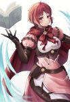  1girl absurdres blush book breasts cape closed_mouth dress fire_emblem fire_emblem:_three_houses fire_emblem_heroes fire_emblem_warriors:_three_hopes highres long_hair long_sleeves looking_at_viewer monica_von_ochs official_alternate_costume official_alternate_hairstyle red_eyes red_hair reia_hana short_hair simple_background smile solo upper_body 