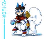  2016 asnnonaka blue_eyes blue_horn blue_pawpads brown_belt butt_tuft chest_tuft closed_smile clothed clothing dated full-length_portrait fur horn legwear looking_at_viewer male mouth_closed no_pupils pawpads portrait quadruped red_clothing red_topwear shadow signature simple_background solo taur topwear tuft white_background white_body white_fur white_head_tuft white_tail 