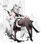  1girl absurdres animal_ears bracelet breasts crossed_legs fur gloves grey_eyes grey_hair hair_ornament hair_stick head_tilt high_heels highres hrrry jewelry large_breasts looking_at_viewer original see-through single_glove sitting smoking_pipe solo thighhighs tiger_ears 