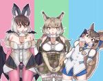  3girls animal_costume animal_ear_fluff animal_ears breasts brown_eyes brown_hair brown_long-eared_bat_(kemono_friends) drinking_straw elbow_gloves extra_ears gloves green_eyes grey_hair highres jungle_cat_(kemono_friends) kemono_friends kemono_friends_v_project kneehighs large_breasts leotard long_hair multicolored_hair multiple_girls pantyhose saja_(166j357) shirt short_hair shorts siberian_chipmunk_(kemono_friends) skirt socks tail virtual_youtuber 