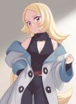  1girl aged_down belt black_pants blonde_hair blush breasts cleavage closed_mouth coat collarbone commentary_request cynthia_(pokemon) eyelashes frown fur_collar gazing_eye grey_eyes hand_on_hip highres long_hair looking_at_viewer off_shoulder open_clothes open_coat pants pokemon pokemon_(anime) pokemon_journeys shirt sleeveless sleeveless_shirt solo sweatdrop v-neck very_long_hair 