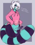  absurd_res ailurid anthro balls black_body black_fur blue_body blue_fur bottomless clothed clothing dialogue erection fur genitals giant_panda girly hair hi_res male mammal oro97 penis pink_clothing pink_sweater pink_topwear red_panda solo sweater text topwear ursid white_hair 