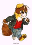  2016 anthro asnnonaka black_clothing black_eyes black_jacket black_topwear blue_bottomwear blue_clothing blue_eyes blue_pants bottomwear brown_body brown_fur brown_pawpads canid canine canis chibi clothed clothing dated denim denim_clothing domestic_dog full-length_portrait fur glistening glistening_pawpads heterochromia jacket jeans male mammal open_mouth open_smile pants pawpads portrait red_clothing red_topwear running signature simple_background smile solo three-quarter_view topwear white_background white_body white_fur yellow_body yellow_fur 