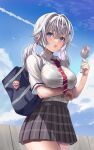  1girl backpack bag blush bottle breasts cloud cloudy_sky grey_hair hair_ornament highres kaneki_yushi large_breasts long_hair looking_at_viewer necktie original pleated_skirt purple_eyes school_uniform see-through skirt sky solo sweat twintails 