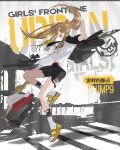  1girl artist_request bag_removed bangs bike_shorts black_jacket black_shorts breasts brown_eyes brown_hair casual character_name chinese_text copyright_name english_text from_side full_body girls&#039;_frontline gun h&amp;k_ump9 hand_up headphones highres holding holding_gun holding_weapon id_card jacket legs long_hair looking_at_viewer official_alternate_costume official_art open_clothes open_jacket open_mouth print_shirt promotional_art sandals scar scar_across_eye shirt shorts sleeves_rolled_up small_breasts socks solo standing standing_on_one_leg submachine_gun teeth torn_clothes torn_jacket torn_shirt torn_shorts torn_socks twintails ump9_(girls&#039;_frontline) upper_teeth weapon white_shirt white_socks 