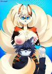  amber_eyes anthro big_breasts blonde_hair blue_body blue_eyes blue_fur breast_grab breast_squish breasts duo exposed_breasts female fur generation_1_pokemon hair hand_on_breast hi_res holding_breast male male/female mammal moonfluffmf ninetales nintendo nipples pokeball pokemon pokemon_(species) procyonid raccoon red_body red_fur smile squish video_games 