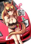  1girl animal_ears aqua_eyes bikini black_bikini breasts bridal_garter brown_hair car chain cleavage commentary_request eyewear_on_head from_above ground_vehicle heart heart-shaped_eyewear highres horse_ears horse_girl horse_tail jewelry large_breasts long_hair maruzensky_(blasting_off_summer_night)_(umamusume) maruzensky_(umamusume) mclaren motor_vehicle necklace one_eye_closed race_vehicle racecar solo sunglasses super_smashing_summer_vacation_(umamusume) swimsuit tail umamusume wavy_hair white-framed_eyewear yanparap 