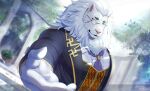  1boy animal_ears animal_nose bara blurry bokeh butler commentary_request depth_of_field formal frilled_shirt frills furry furry_male gloves green_eyes highres imakuma_ama large_pectorals lion_boy lion_ears male_focus mane mature_male monocle monocle_chain muscular muscular_male neckerchief outdoors outstretched_arm pectorals purple_neckerchief shirt smile snout snow_(housamo) solo suit sunlight thick_eyebrows tokyo_afterschool_summoners twitter_username upper_body vest white_gloves white_hair 