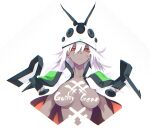  10mo 1girl absurdres body_writing breasts copyright_name dark-skinned_female dark_skin guilty_gear guilty_gear_xrd hair_between_eyes hat highres looking_at_viewer no_nipples ramlethal_valentine red_eyes short_hair simple_background solo white_background white_hair 