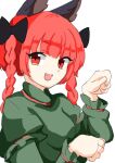  1girl :d animal_ears black_bow bow braid cat_ears dress fang fugaku_(miko_no_miyatsuguchi) green_dress hair_bow highres kaenbyou_rin long_sleeves looking_at_viewer open_mouth paw_pose red_eyes red_hair simple_background smile solo touhou twin_braids 