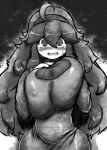  1girl @_@ ahoge alternate_breast_size black_dress blush breasts bugge_man dress greyscale hex_maniac_(pokemon) highres large_breasts long_hair looking_at_viewer messy_hair monochrome open_mouth pokemon pokemon_(game) pokemon_xy solo very_long_hair 