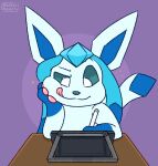  ambiguous_form animated concentrating drawing drawing_tablet eeveelution furniture generation_4_pokemon glaceon nintendo pocketpaws pokemon pokemon_(species) sparkles table tablet_pen video_games 