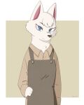  2020 3_fingers animal_crossing anthro apron bent_arm black_nose blue_eyes brown_apron brown_clothing button_(fastener) canid canine canis closed_smile clothed clothing collarbone digital_media_(artwork) dress_shirt ears_up eyebrows female fingers front_view fur hand_on_hip head_tilt head_tuft hi_res leather long_sleeve_shirt long_sleeves looking_at_viewer mammal mouth_closed nintendo oonekoh pink_inner_ear shaded shirt signature smile smiling_at_viewer snout solo topwear tuft video_games white_body white_ears white_face white_fur white_hands white_neck whitney_(animal_crossing) wolf 