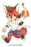  2016 anthro artist_name asnnonaka black_body black_fur bottomwear brown_hair canid cheek_tuft chibi clothed clothing dated denim denim_clothing dragon duo elbow_tuft facial_tuft feathered_wings feathers front_view fur furred_dragon glistening glistening_eyes glistening_hair glistening_pawpads grey_bottomwear grey_clothing grey_pants hair jeans licking licking_lips licking_own_lips looking_aside male mammal pants pawpads pink_pawpads red_body red_eyes red_feathers red_fur red_wings running self_lick shirt simple_background square_glasses t-shirt tan_body tan_fur tongue tongue_out topwear tuft white_background white_clothing white_shirt white_t-shirt white_topwear wings yellow_body yellow_fur 
