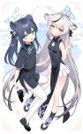  2girls animal_ear_fluff animal_ears arm_up black_dress black_footwear black_hair blue_archive china_dress chinese_clothes dress full_body green_eyes grey_hair highres kokona_(blue_archive) long_hair mary_janes miniskirt multicolored_hair multiple_girls nehan_(gedatsu_nehan) open_mouth red_eyes shoes short_sleeves shun_(blue_archive) shun_(small)_(blue_archive) siblings sisters skirt sleeveless sleeveless_dress smile streaked_hair striped striped_dress thighhighs tiger_ears tiger_girl twintails vertical-striped_dress vertical_stripes very_long_hair white_footwear white_skirt white_thighhighs 