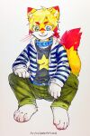  2016 anthro asnnonaka black_clothing black_topwear blonde_hair blue_clothing blue_collar blue_eyes blue_jacket blue_topwear bottomwear clothed clothing collar dated domestic_cat fangs felid feline felis front_view full-length_portrait fur glistening glistening_eyes green_bottomwear green_clothing green_eyes green_pants hair heterochromia hi_res jacket male mammal open_mouth open_smile pants pattern_clothing pattern_jacket pattern_topwear portrait red_body red_fur signature simple_background sitting smile solo striped_clothing striped_jacket striped_topwear stripes topwear traditional_media_(artwork) white_background white_body white_clothing white_fur white_jacket white_topwear yellow_body yellow_fur 
