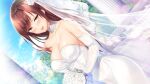  1girl ayase_hazuki bangs blue_bow blue_sky bouquet bow breasts bridal_veil brown_hair choker cleavage collarbone day dress elbow_gloves flower game_cg gloves holding holding_bouquet large_breasts long_hair looking_at_viewer open_mouth outdoors shiny shiny_hair sky solo standing strapless strapless_dress swept_bangs tachibana_iori veil very_long_hair wedding_dress white_choker white_dress white_flower white_gloves yellow_eyes yubisaki_connection 