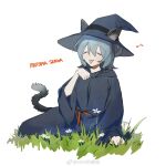  1girl :p animal_ears arm_support blue_hair blue_headwear blue_robe blush cat_ears cat_tail chinese_commentary closed_eyes commentary ears_through_headwear eighth_note flower full_body grass hair_between_eyes hat highres kaku_seiga kemonomimi_mode long_sleeves m09_mirage090 miitopia musical_note paw_pose robe short_hair simple_background sitting solo tail tongue tongue_out touhou white_background white_flower wide_sleeves witch_hat yokozuwari 